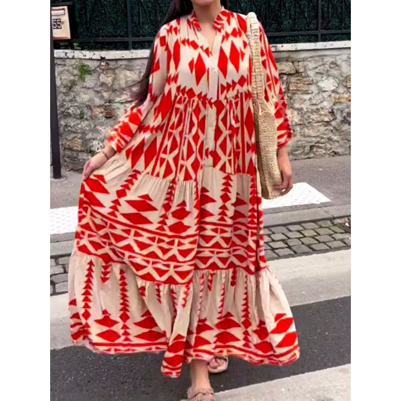 Women Print Shirt Maxi Dress Summer Vintage Boho Long Sleeve Pleated Dress Ladies Oversize Loose Buttons V Neck Dress Vestido