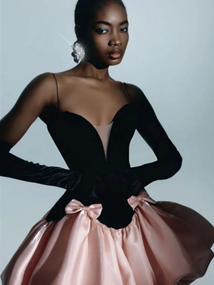 Women Celebrity Sexy Backless Ball Patchwork Pink Black Mini Gowns Dress 2025 Elegant Evening Party Club Vestido