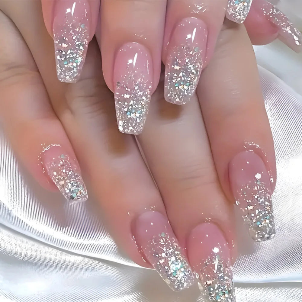 24pcs/set Glitter fake nails for women girls super flash sparkling gradient pink black tips faux ongles press on false nail art 1099