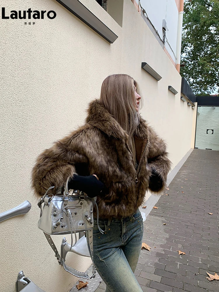 Autumn Winter Chic Luxury Short Soft Thick Warm Hairy Shaggy Faux Fur Coat Women with Hood Zipper Fluffy Jacket 2024