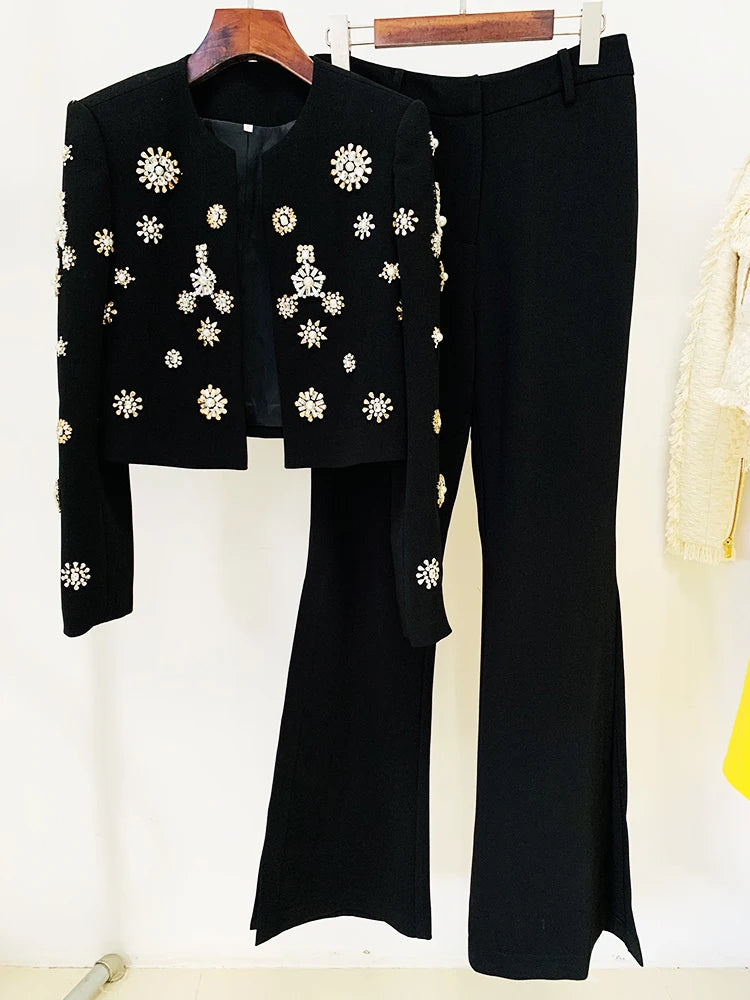 HIGH STREET Newest Fashion 2024 Designer Suit Set Women's Pearls Diamonds Rhinestone Beaded Trimed Jacket Flare Slit Pants Suit black