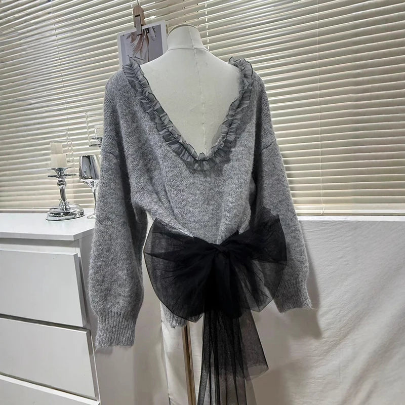 Autumn Winter New Design Backless Bow Knitted Sweater Top For Women Loose Soft Niche Pullover Female Trendy 11A07622 Gray One Size