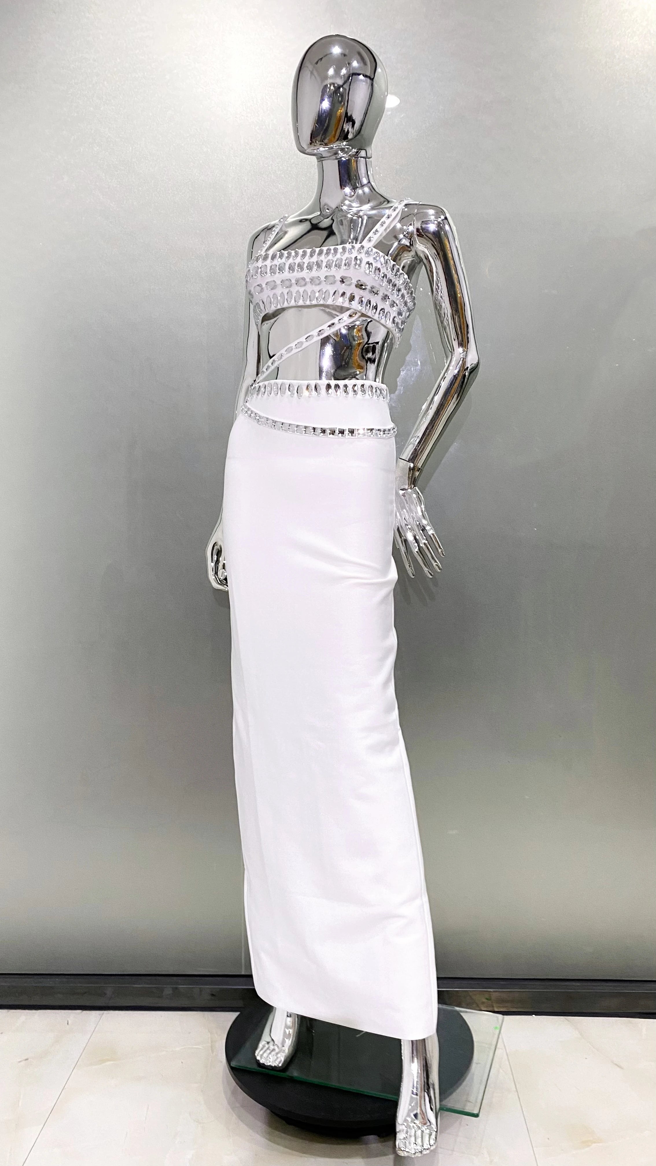 Sparkling Diamonds Woman Set Spaghetti Strap Top And Ankle Lenght Skirt 2 Pieces Evening Party Vestido Beach Vocation Outfit