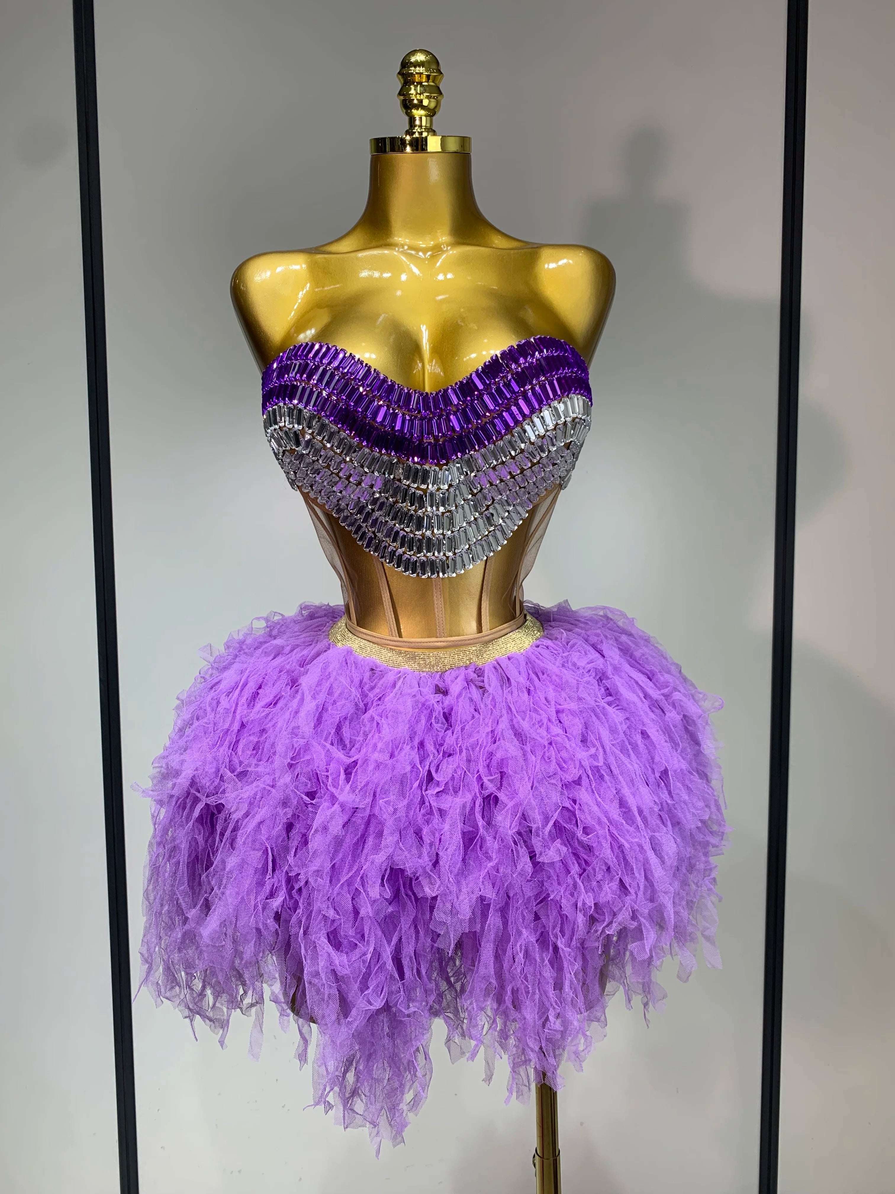 Sparkly Rhinestones Sexy See Through Blackless Two Pieces Set Women Luxury Birthday Outfit Evening Party Stage Perform Outfit PURPLE