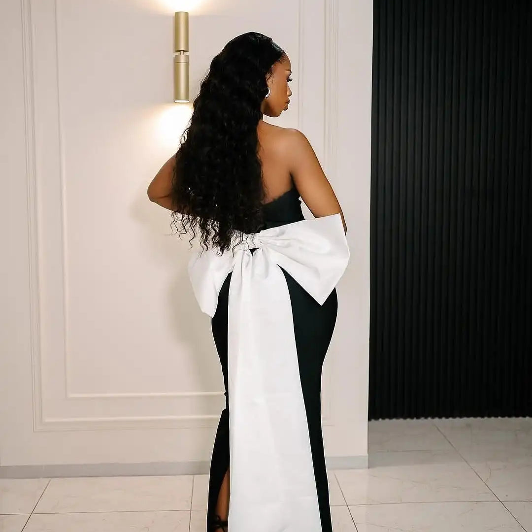 Top Quality Women Sexy Strapless Big White Bow Bodycon Long Bandage Dress Nightclub Party Celebrate Cocktail Outfit Vestido black