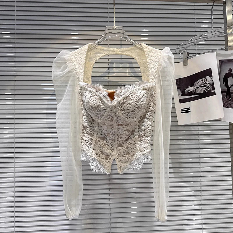 Winter New Fashion Square Neck Mesh Sleeve Fishbone Waist Slim Fit Lace Blouse For Women Backless Shirts 11A07517 White