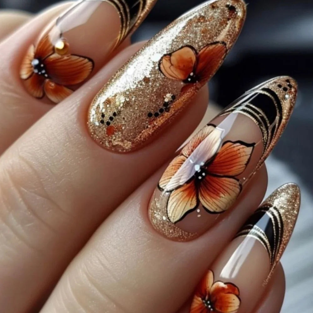 24pcs/set Medium long fake nails Swan fish flowers for summer season gradient almond square ballet tips press on false nails 2398