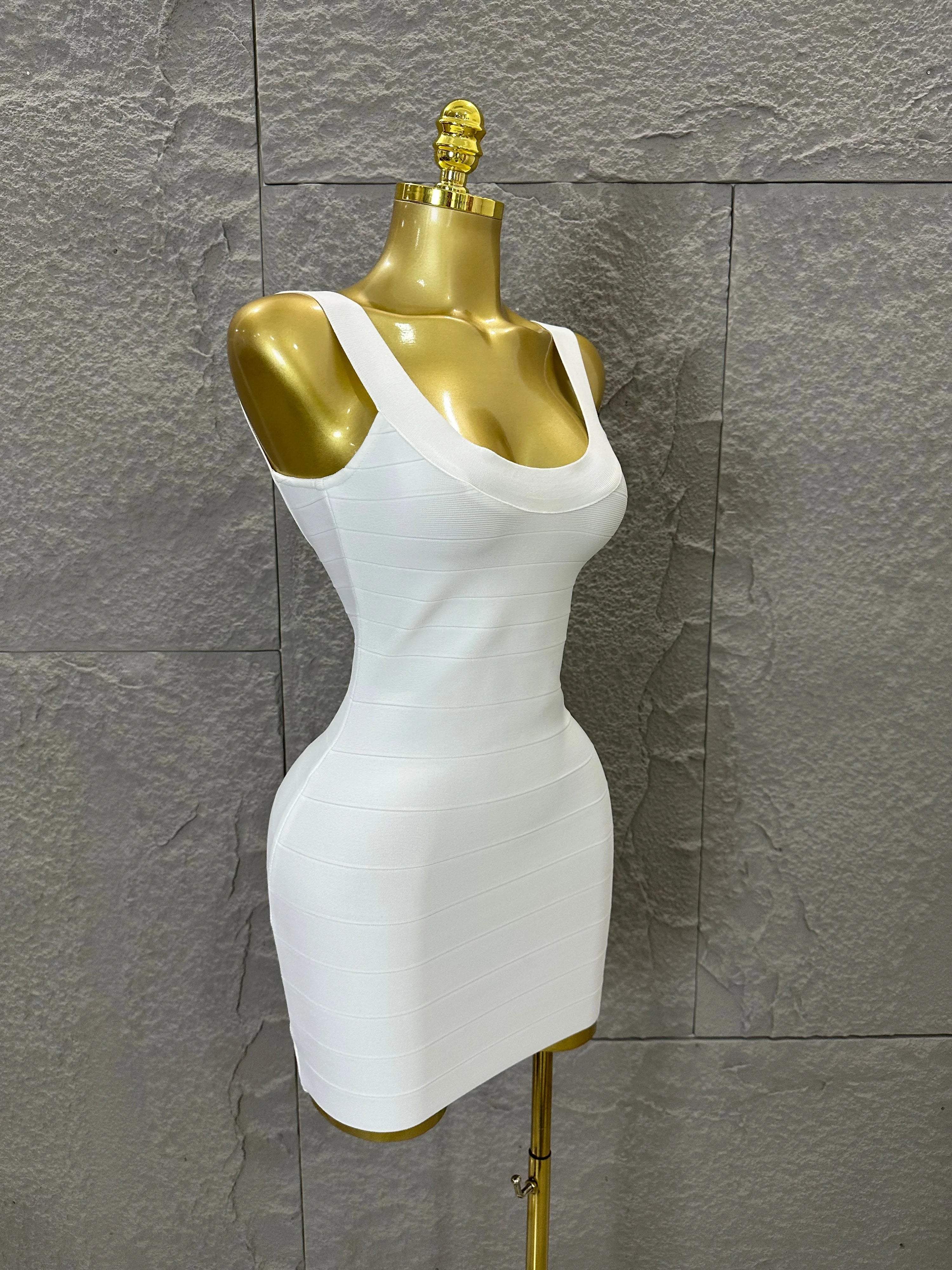Elegant White Bandage Mini Dress Women Sexy Scoop Neck Sleeveless Bodycon Evening Party Cocktail Party Costume