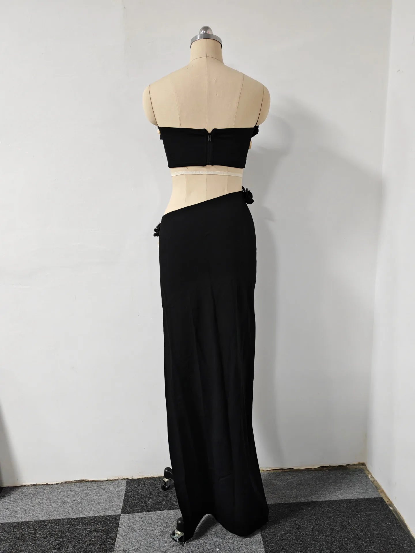 Black Color Women Sexy Strapless Florals 2 Pieces Bodycon Long Dress Girls' Vacation Birthday Party Nightclub Outfit