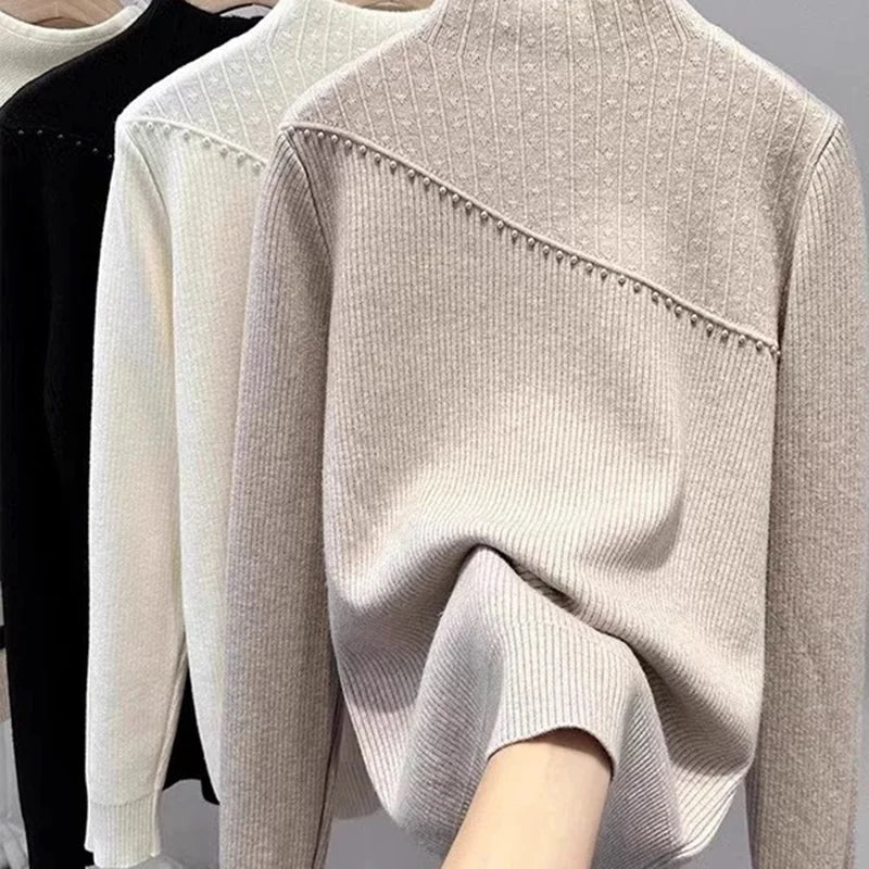 Autumn Winter New Thickened One-Piece Fleece Half High Collar Knitted Base Shirt For Women Inner Pullover 11A07626