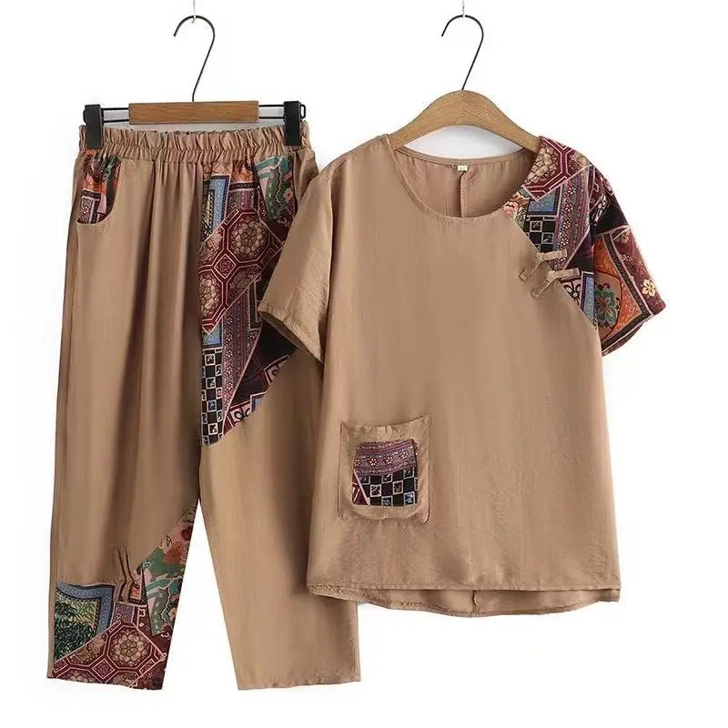 Women's Casual Suit Summer New Fashion Plus Size Clothing Loose Cotton Linen Short SleeveTops Harlan Cropped Pants Two Piece Set Khaki Suit