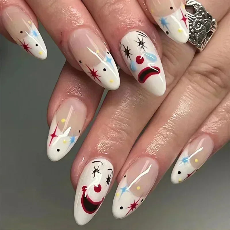 24Pc Halloween False Nails with Almond Head Designs Cute Clown Fake Nails French Full Cover Manicure Press on Nail Tips for Girl 1