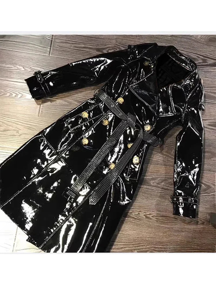 Autumn Long Shiny Reflective Patent Faux Leather Trench Coat for Women Sashes Double Breasted Runway European Fashion