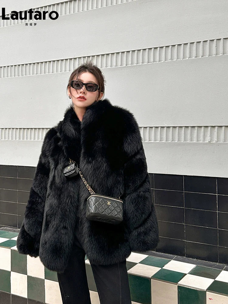 Autumn Winter Black Thick Warm Soft Hairy Shaggy Faux Fox Fur Coat Women Stand Collar Luxury Designer Fluffy Jacket 2024