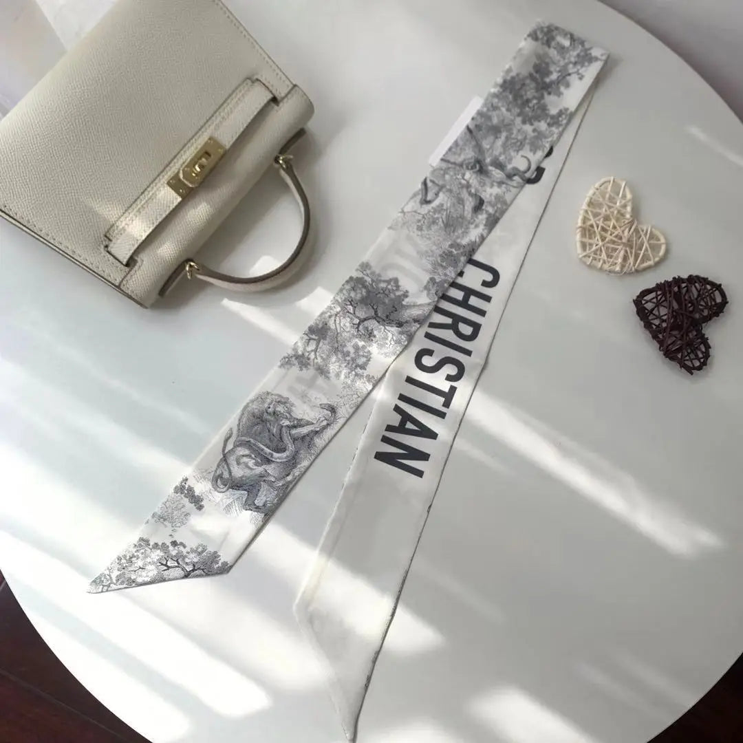 Brand CD Butterfly Around the World Women's Ribbon Scarf Twill Silk Mulberry Silk Long Small Silk Scarf Neckerchief Bags Tie conglin gray1