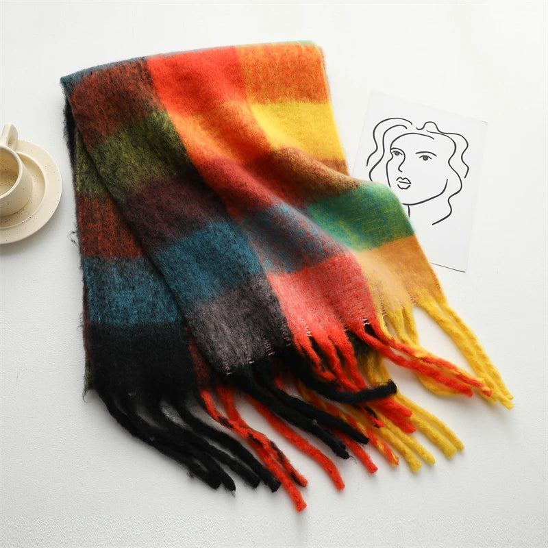 Thick Warm Scarf Women Winter Neck Shawls Tassel Pashmina Scarves Lady Cashmere Bandana Plaid Rainbow Hairy Foulard WJ137-23