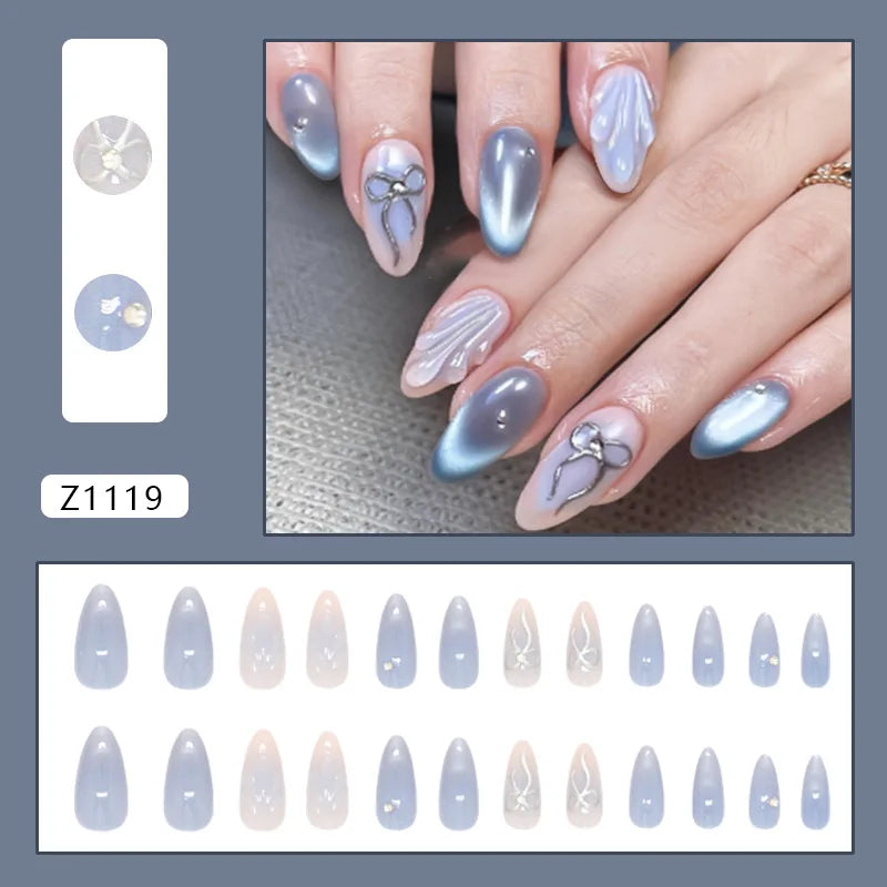 24pcs Pink Flower Press on Nails Ins Sweet Petals Print False Nails for Girl Wearable Reusable Fashion Almond Fake Nail Tips 5