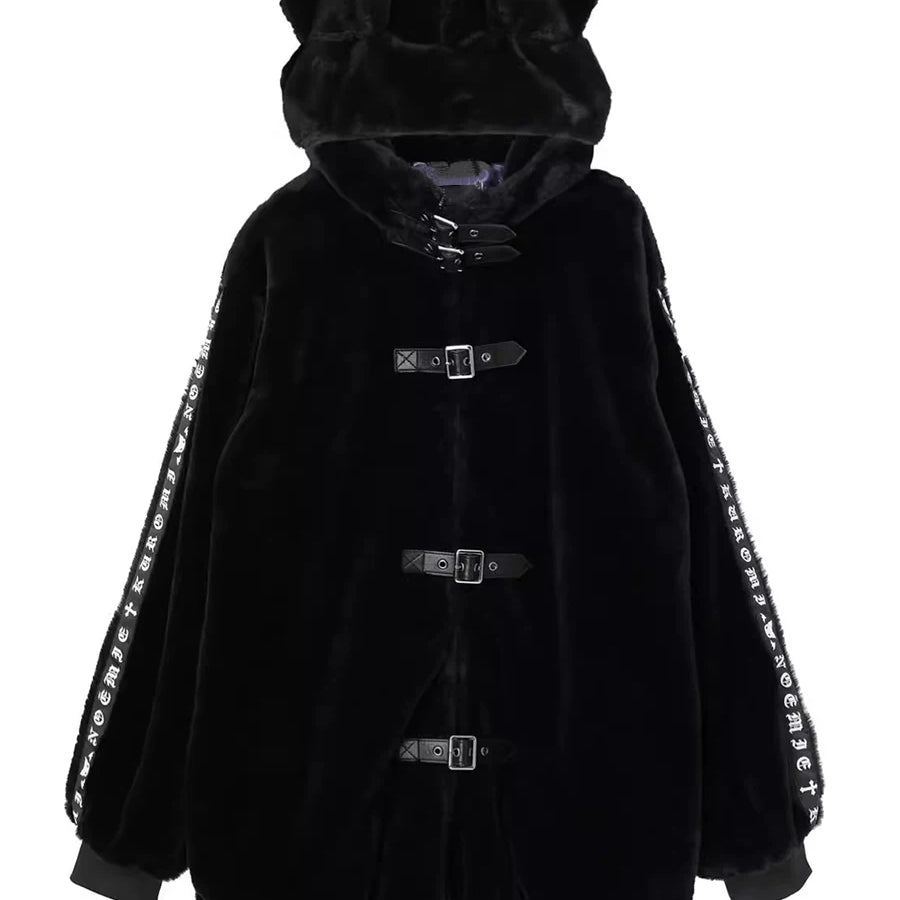 Lautaro Winter Oversized Sweet Cute Soft Black Faux Fur Coat Women with Bunny Ears Kawaii Loose Fluffy Jacket Hoodie Streetwear Black One Size