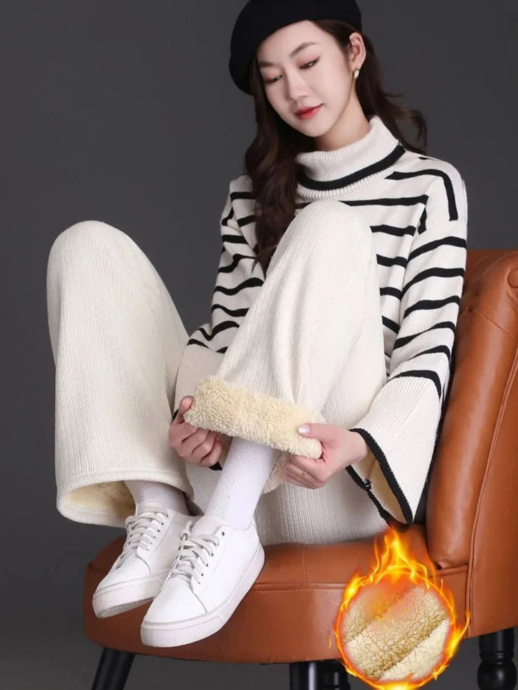 Winter Fleece Lined Wide Leg Pants CasualThicken Warm Baggy Sweatpants Women HighWaist Korean Lamb Fluff Straight Pantalones