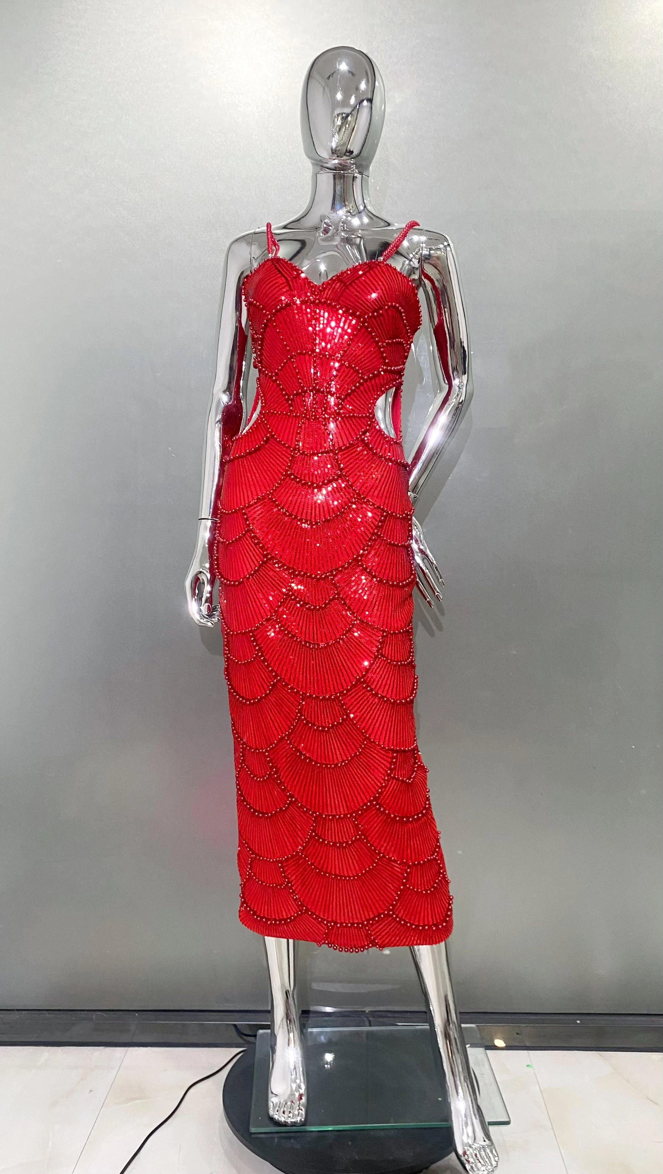 STOCK Shining Sequins Beading Hollow Out Spaghetti Strap Long Dress Woman Birthday Party Dress Sweet Dateing Outfit Red