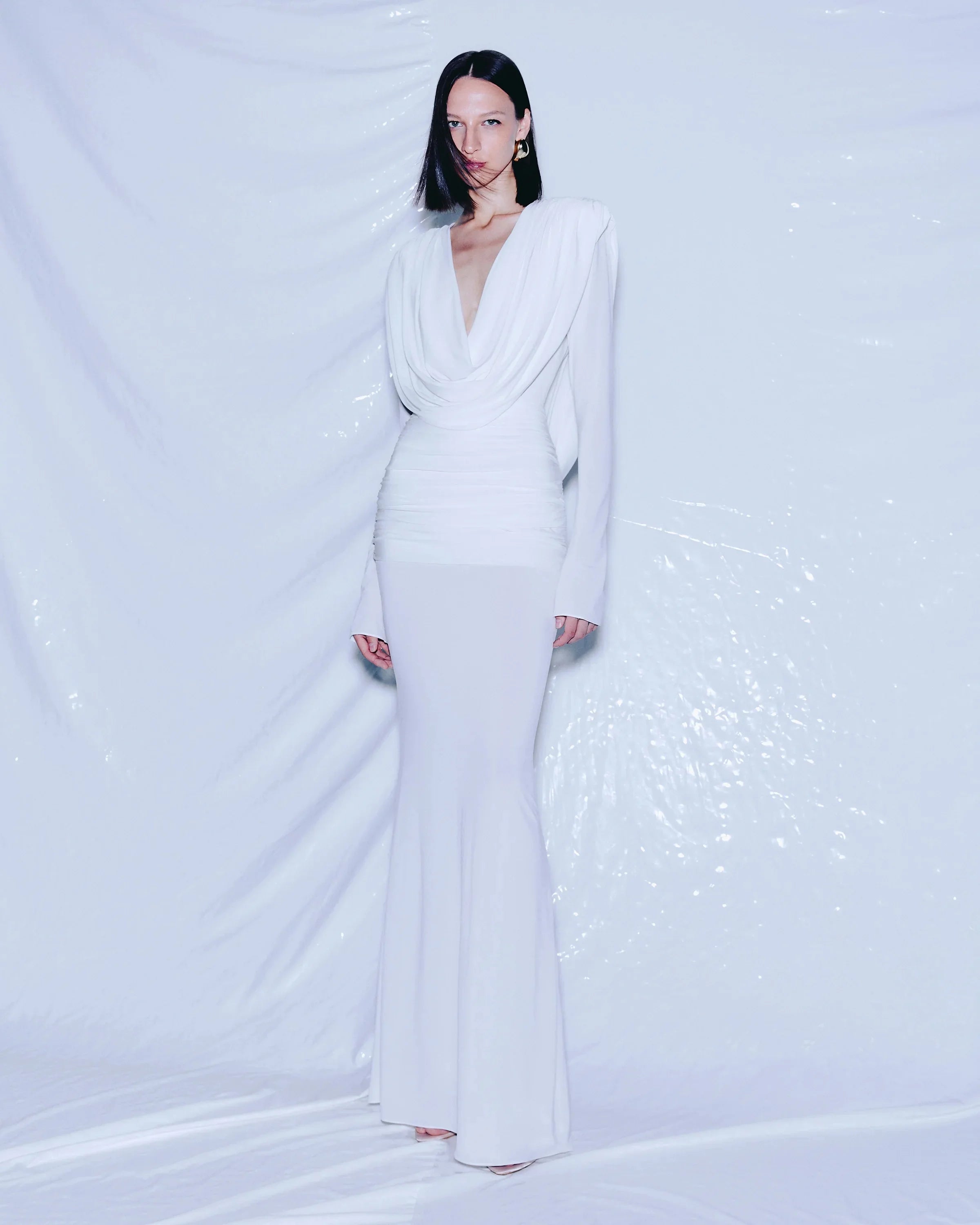 Women Celebrity Sexy Long Sleeve Deep V Neck Ruched White Maxi Long Gowns Dress 2025 Elegant Evening Party Club Vestido WHITE