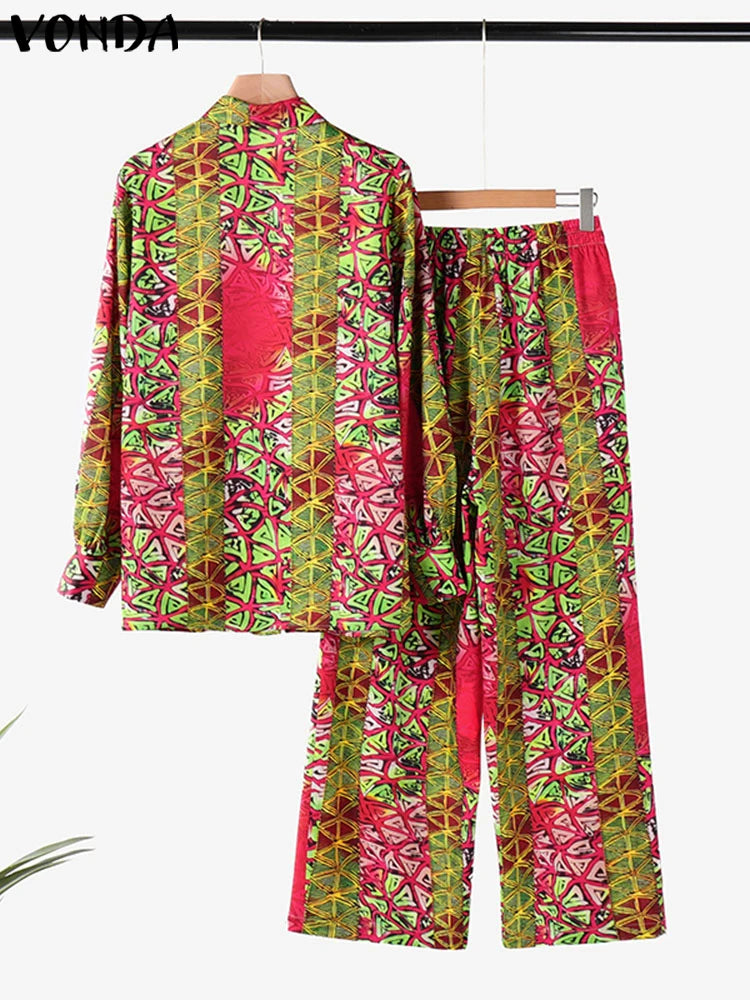 Plus Size 2024 VONDA Women Outfits 2024 Autumn Elegant Pant Sets Stylish Long Sleeve Casual Printed Top Trousers Two Piece Suits