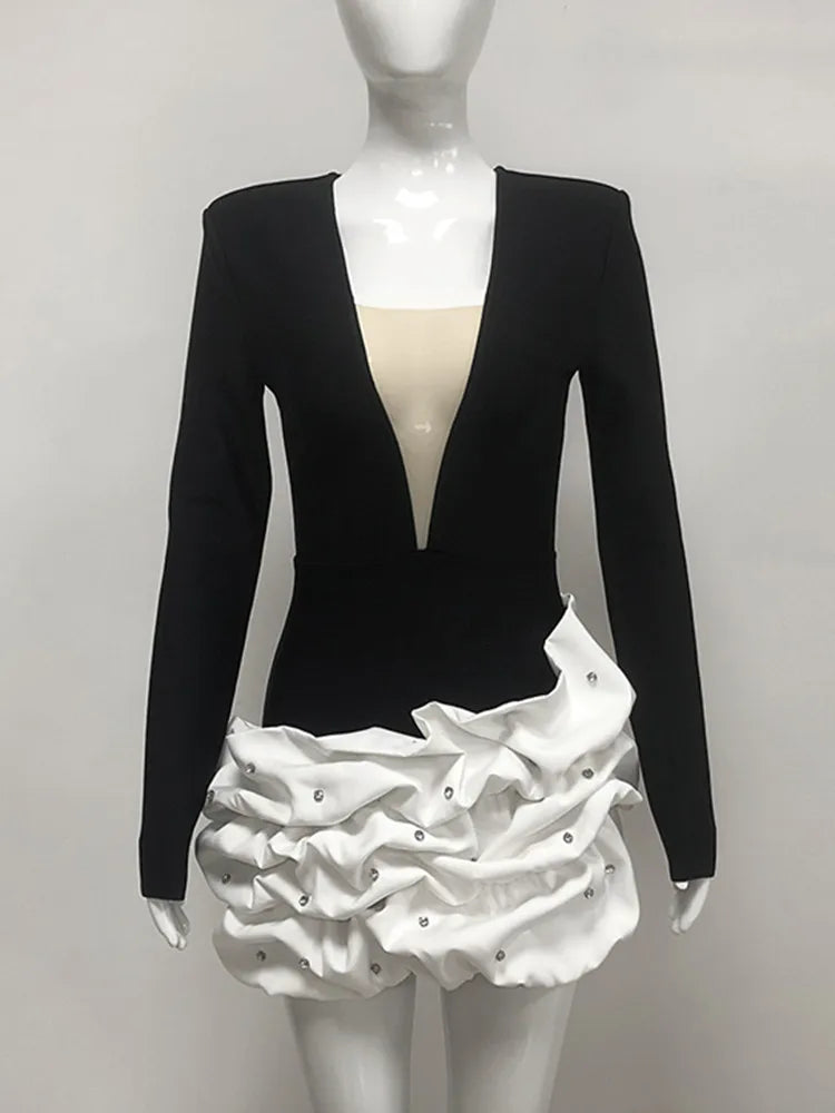 Women Winter Celebrity Sexy Long Sleeve Diamonds Beading Black Mini Bodycon Bandage Dress 2025 Elegant Evening Club Party Dress