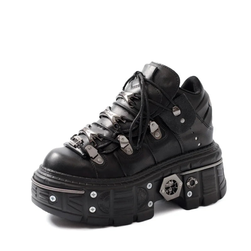 Fashion Women Punk Platform Shoes for Woman's Lace-Up Round Toe Metal Decoration Thin Heels Sneakers Gothic Party Nightclub Shoe