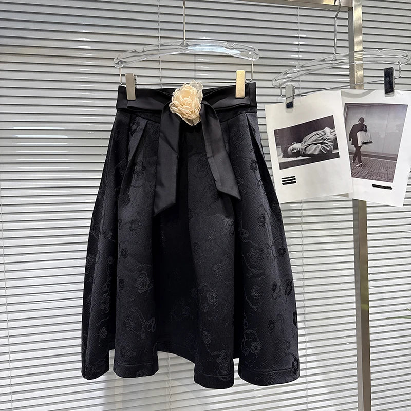 Winter New Fashion Three-Dimensional Flower Belt Jacquard Pattern A-Line Skirt For Women Mid-length Skirts 11A07957 Black