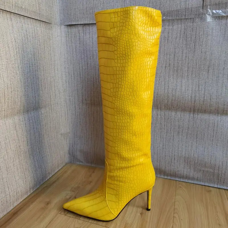 Size 43 Women Sexy Pattern Knee High Boots 2022 Autumn High-heel Pointed Toe Women's Shoes Black Yellow