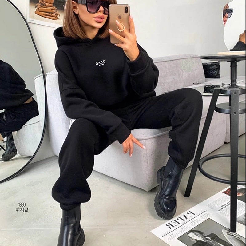Women Tracksuit Autumn Winter Warm Hoodies Top Suits Casual Hooded Sweatshirts And Jogging Pants Outfits Sweatpants 2 Piece Sets Black