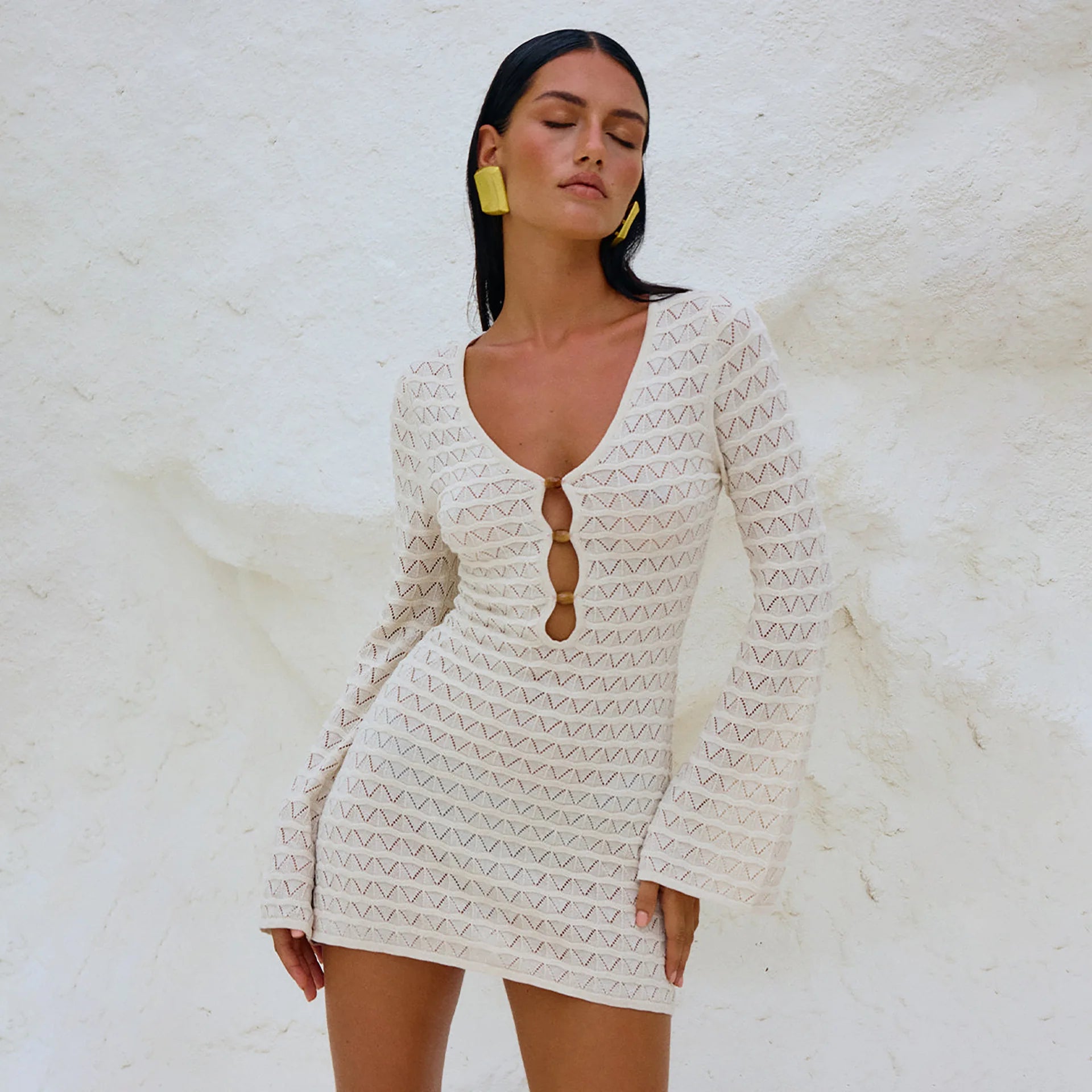 Mozision Sexy Knitted Beach Dress For Woman White Hollow Out Deep V Neck Long Sleeve High Waist A-line Knit Dress Knitwear Creamy-white