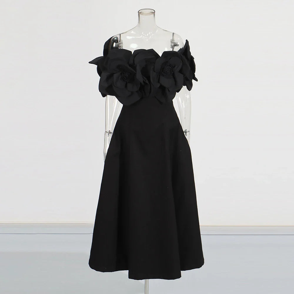 Solid Slimming Elegant Dresses for Women Strapless Off Shoulder Patchwork 3D Flowers Fashion Dress Female Clothing BLACK