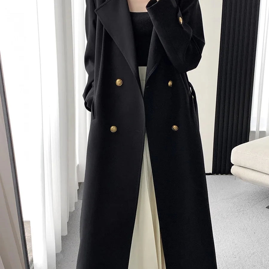 Lautaro Spring Autumn Long Black Trench Coat for Women Gold Buttons Double Breasted Elegant Chic Luxury Designer Clothes 2025
