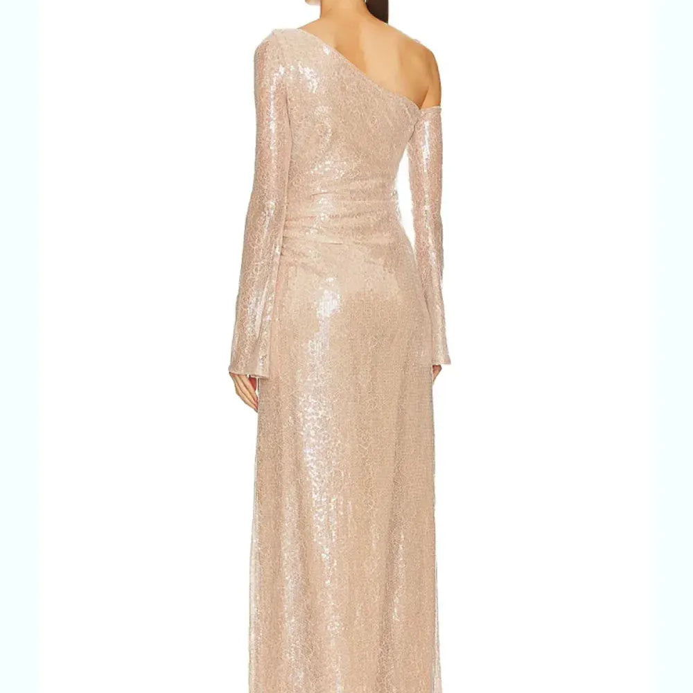 2025 Sexy Women's 3D Flower Shining Glitter Maxi Dress with Diagonal Collar Long Sleeve Bodycon Long Dress Evening Club Vestidos