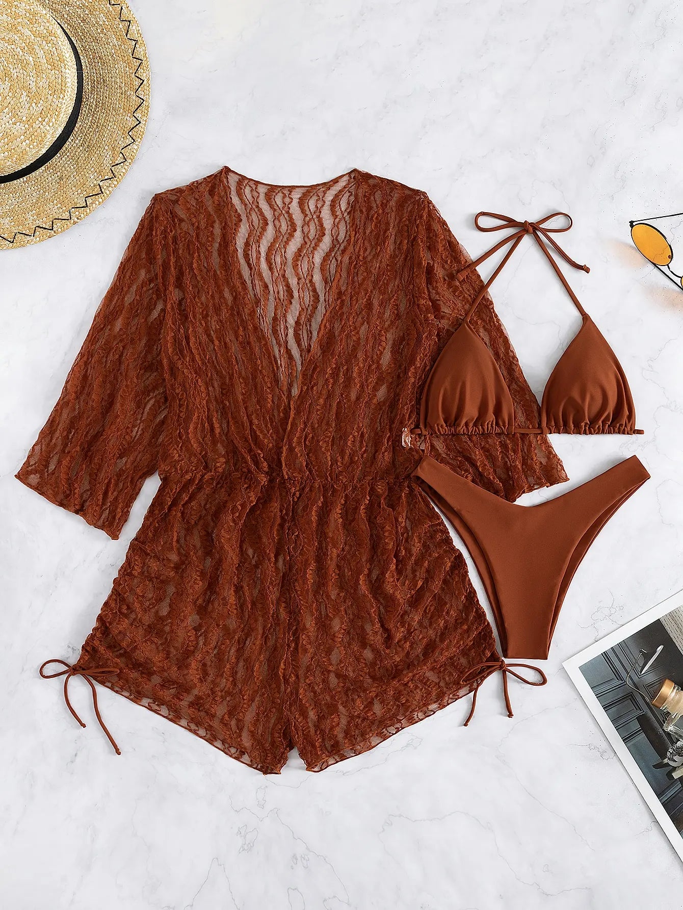 3 Pieces Bikini Tropical Print Swimsuit Halter Drawstring Side Swimwear Women 2023 Bathing Suit Female Swimming Summer Beachwear Brown
