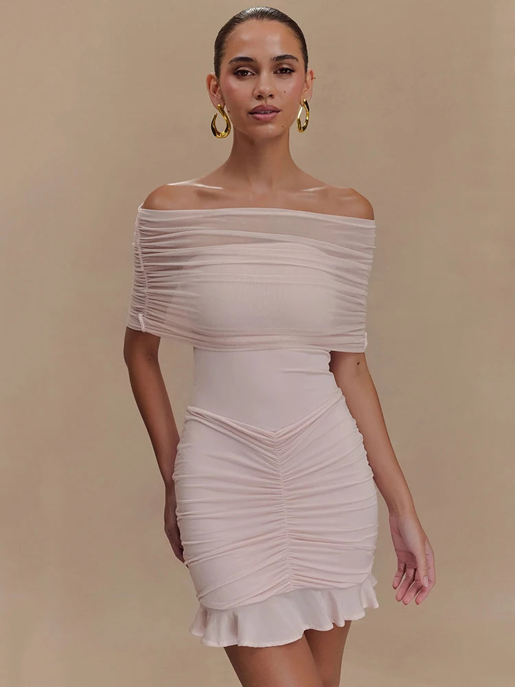 Mesh Strapless Off-shoulder Sexy Ruffled Mini Dress For Women Fashion Backless High Waist Female Ruched Party Dress Pink