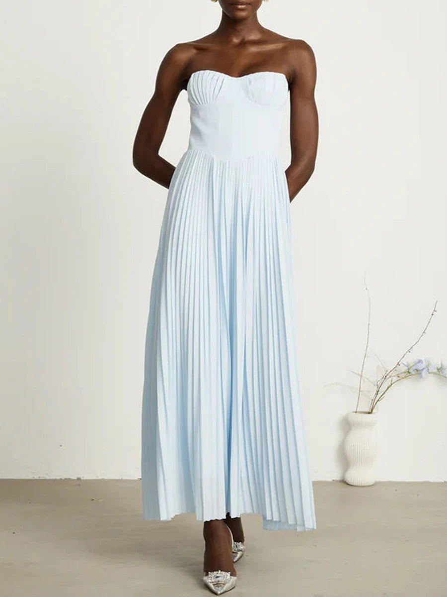 Solid Slimming Elegant Midi Dresses for Women Strapless Sleeveless Patchwork Fold Dress Female Temperament Clothing BLUE