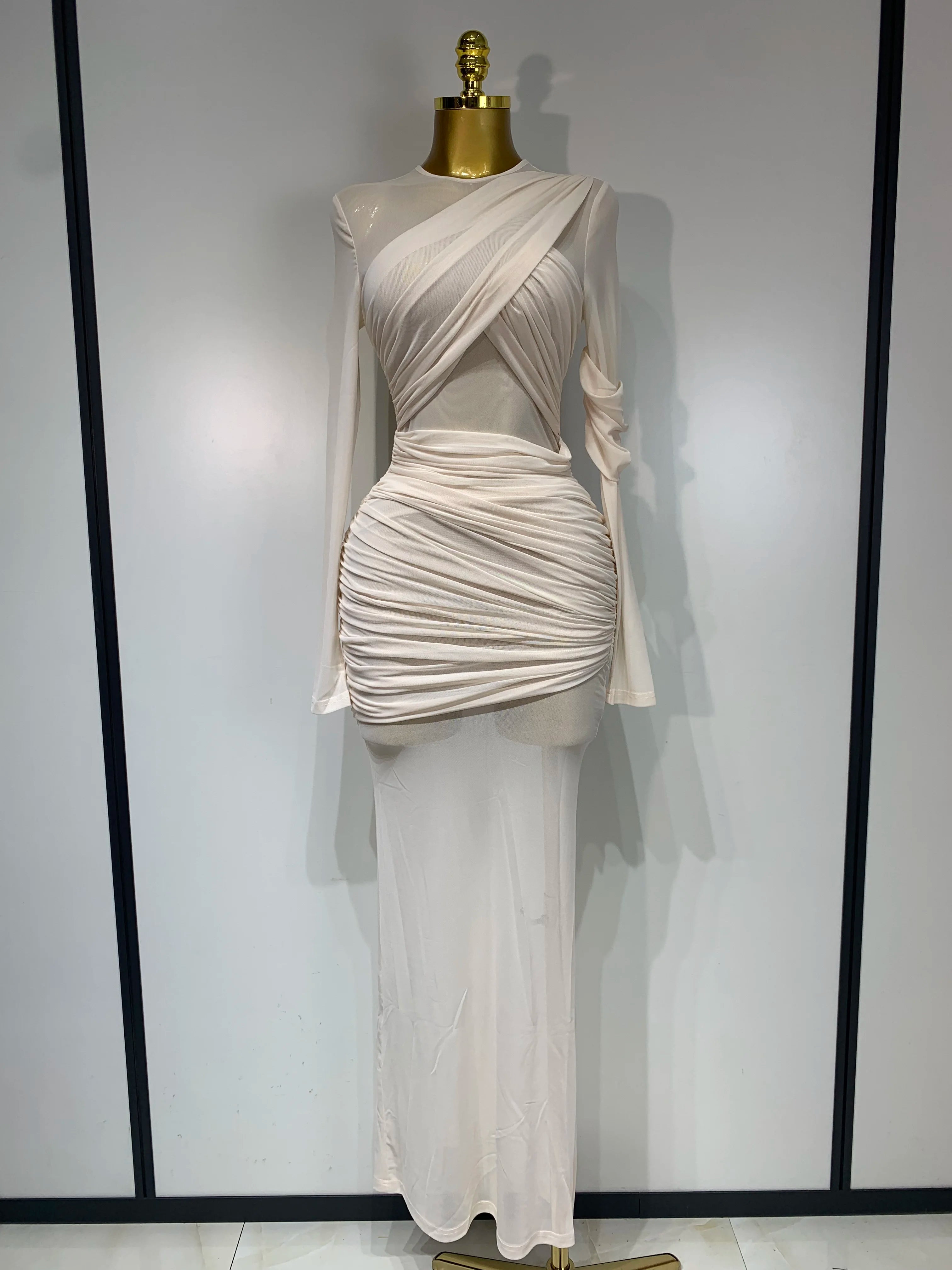 Elegant Mesh Fold Long Sleeve Bodycon Dress Women 2025 Evening Party Club Sexy Perspective Fashion Luxury Birthday Dresses Beige
