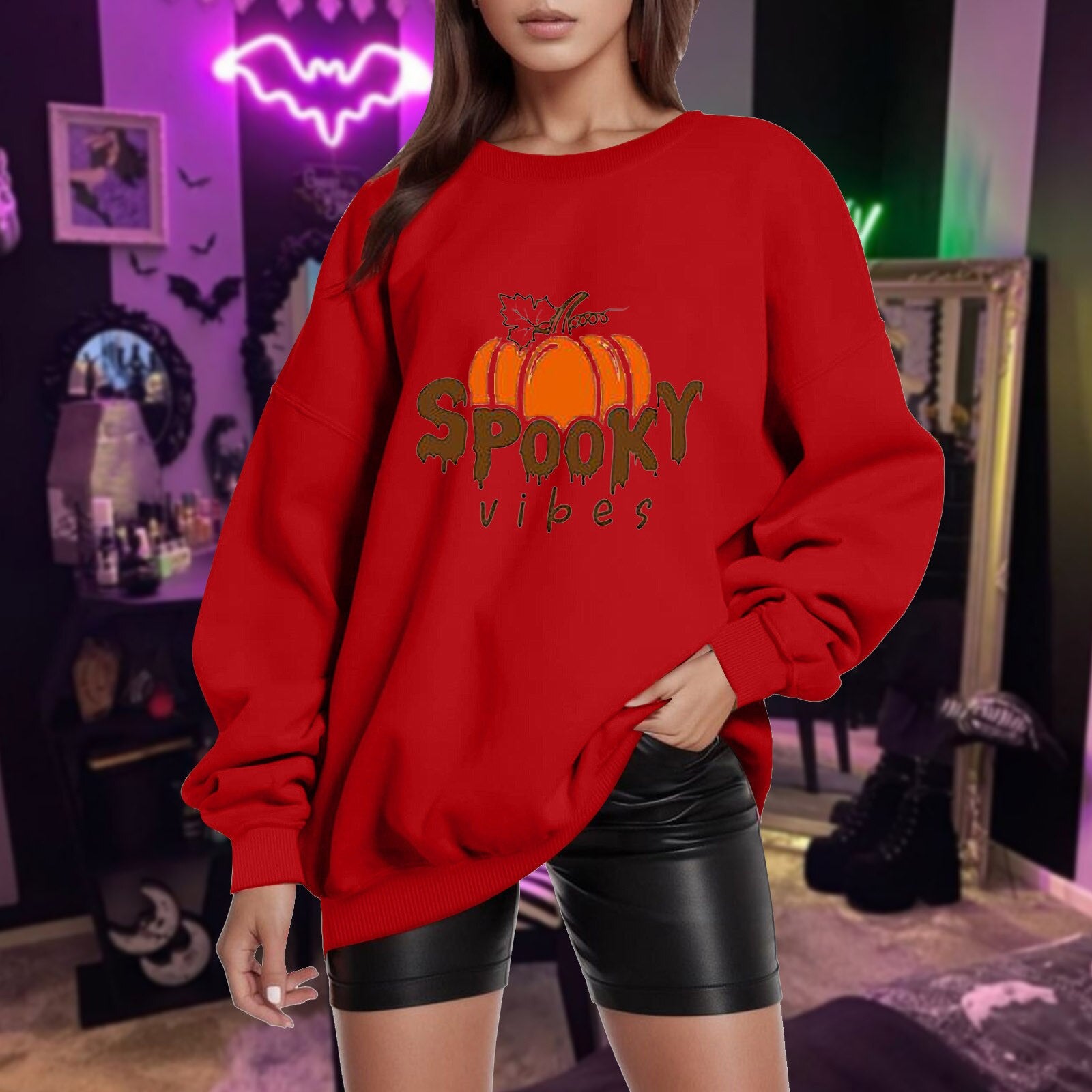 Womens Casual Loose Solid Halloween Pumpkin Print Off Shoulder Sleeves Hatless Sweater Graphic Workout Tops Women Red