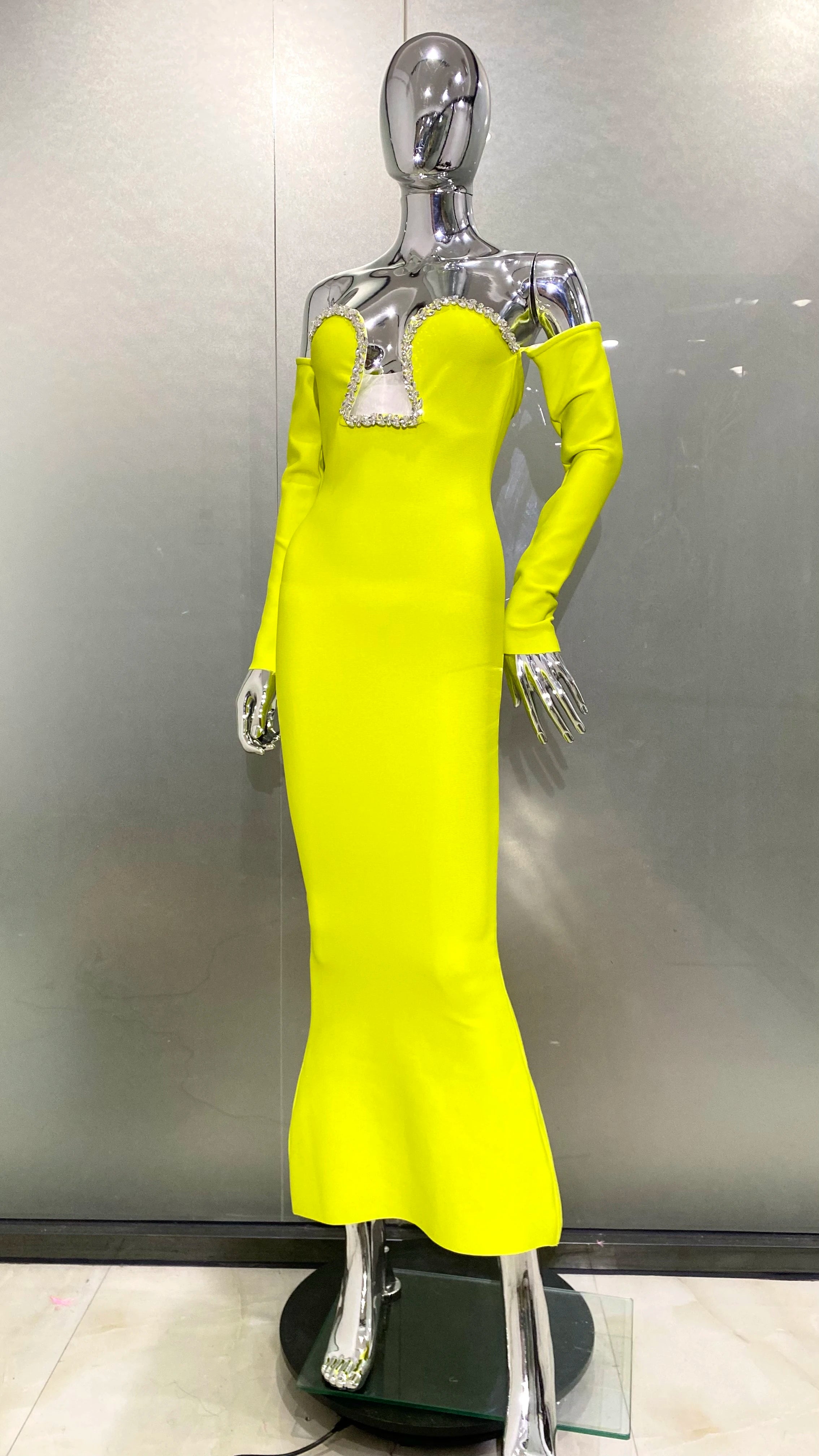 New Winter Yellow Green Shining Diamonds Sexy V-Neck off The Shoulder Mermaid Long Dress Fashion Woman Evening Party Vestido