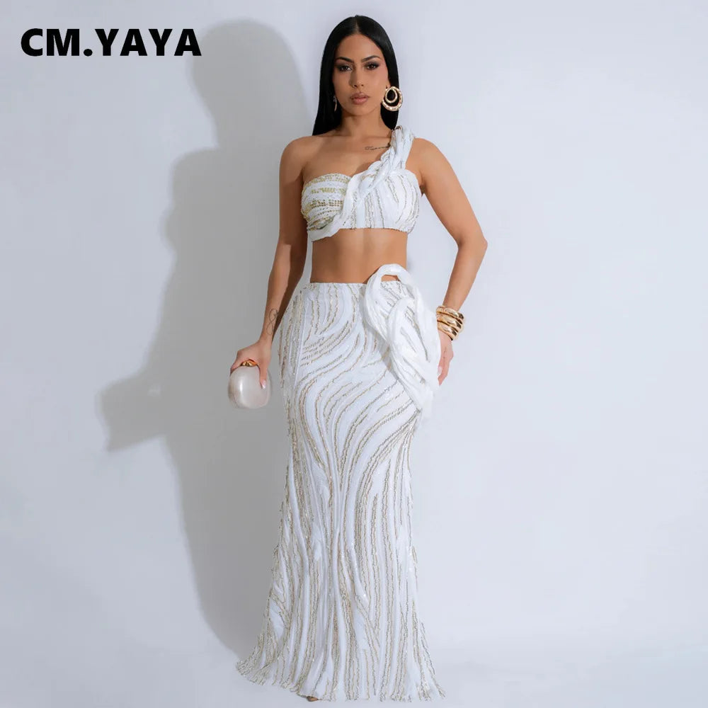 Women’s Dress Set Mesh Sequined Ribbon Sleeveless Strap Top + Long Skirts Sets 2 Two Pcs Sets Sexy Party Evening Oufits
