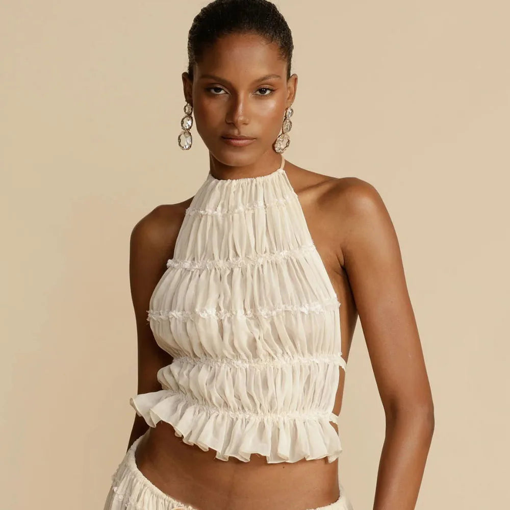 Women’s Summer Vacation Beach Cover-ups Dress Sets Sleeveless Ruched Halter Neck Long Skirt Suit Top Lace Up Fold Maxi Skirts white top