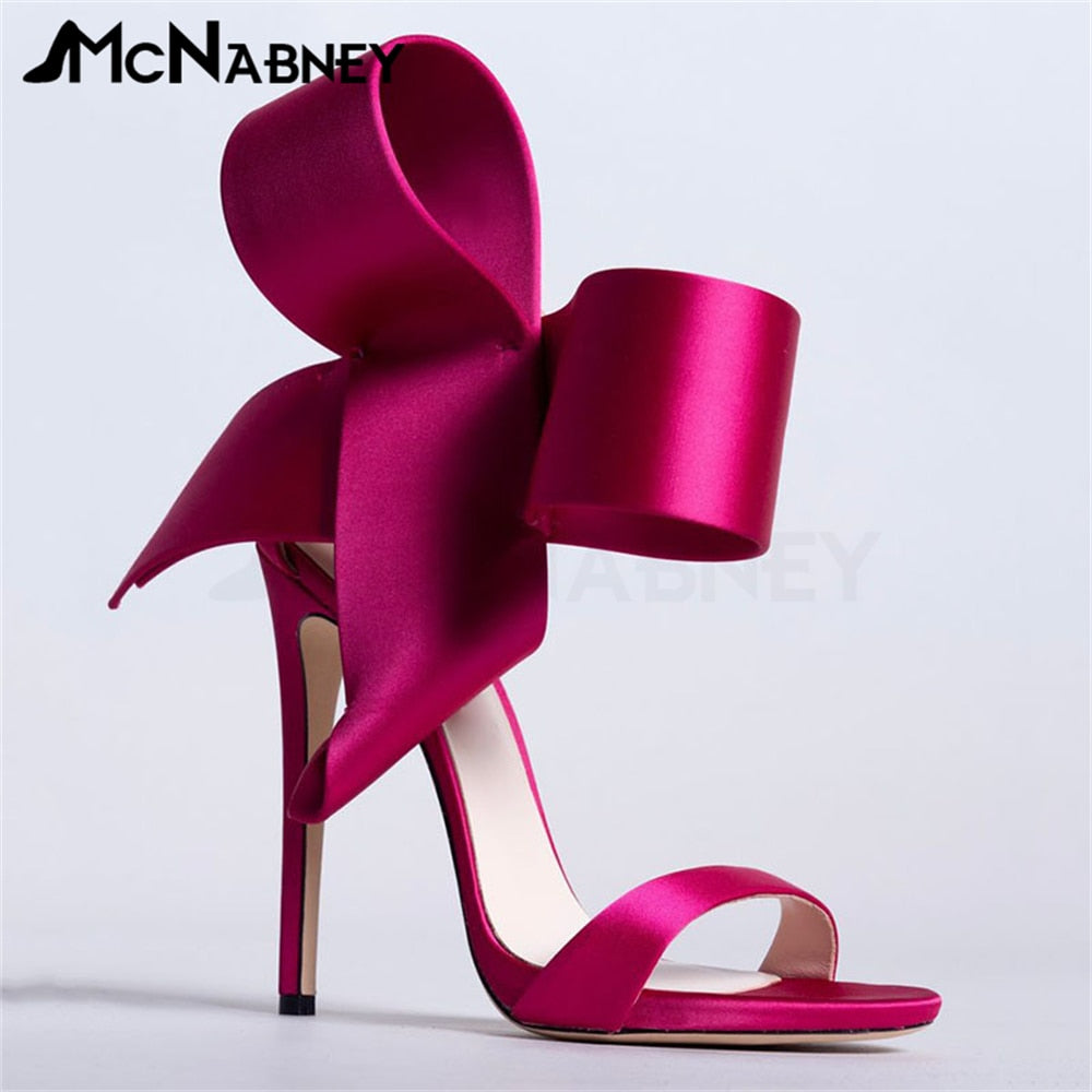 Satin Butterfly Knot High Heels Stiletto Pointed Toe Sandals Luxury Style Shoes Fashion High Heels Shiny Rhinestone Sandals Satin-Wine Red