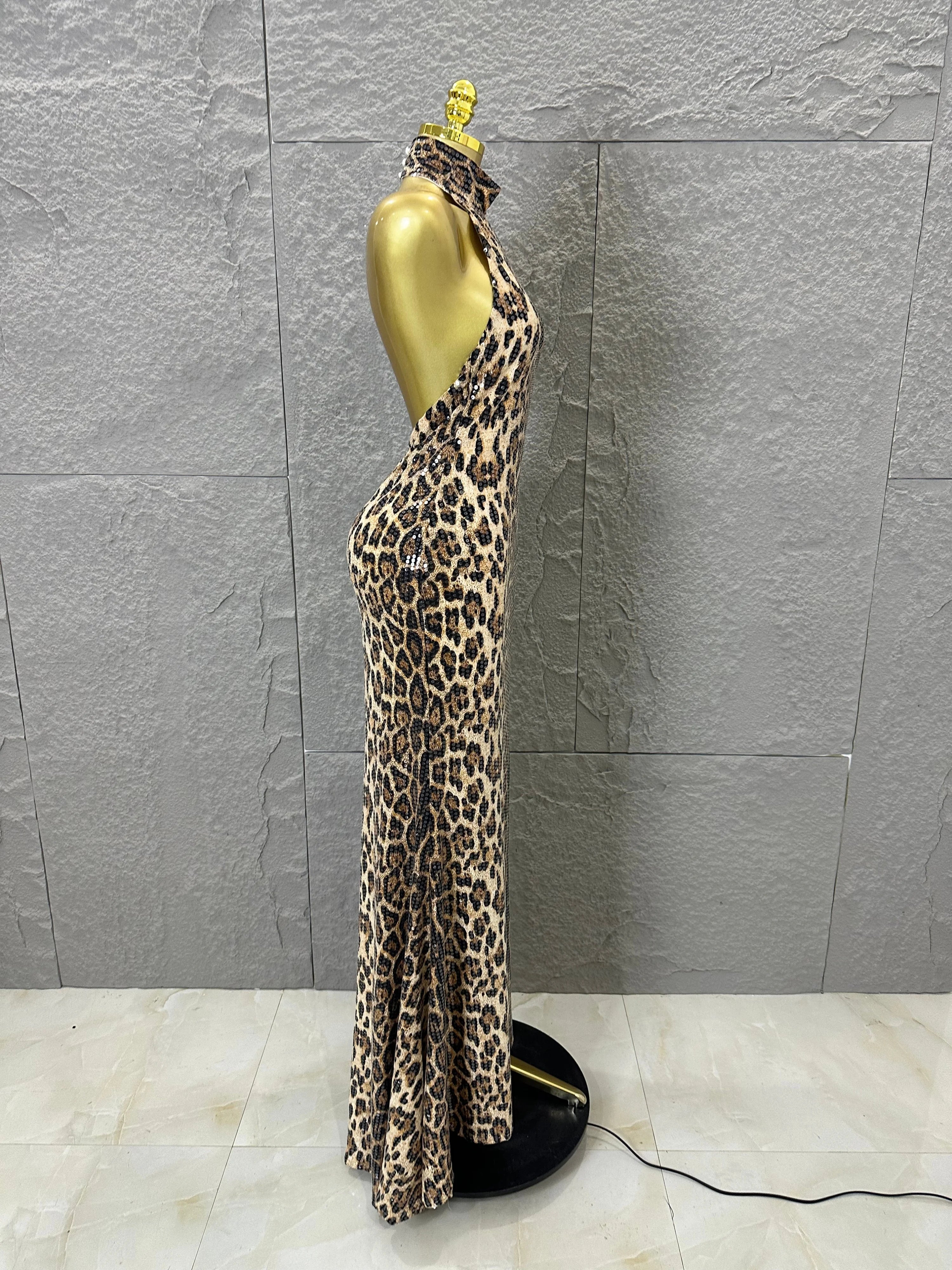 Refined Leopard Print Maxi Dress Women Sexy Halter Neck Sleeveless Sequin Embellished Bodycon Outfit Nightclub Party Costume