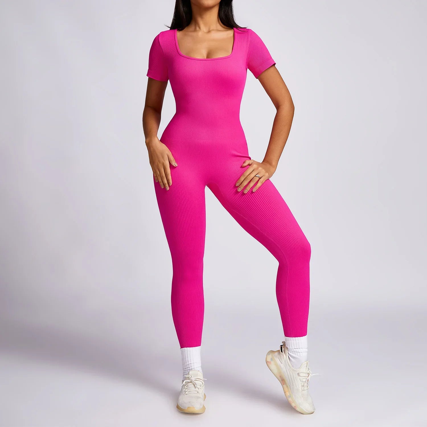 New Yoga Suits Fitness Outfit Female One-piece Jumpsuits Women Sporty Workout High-strength Thread Short-sleeved Fitness Suit Rose red