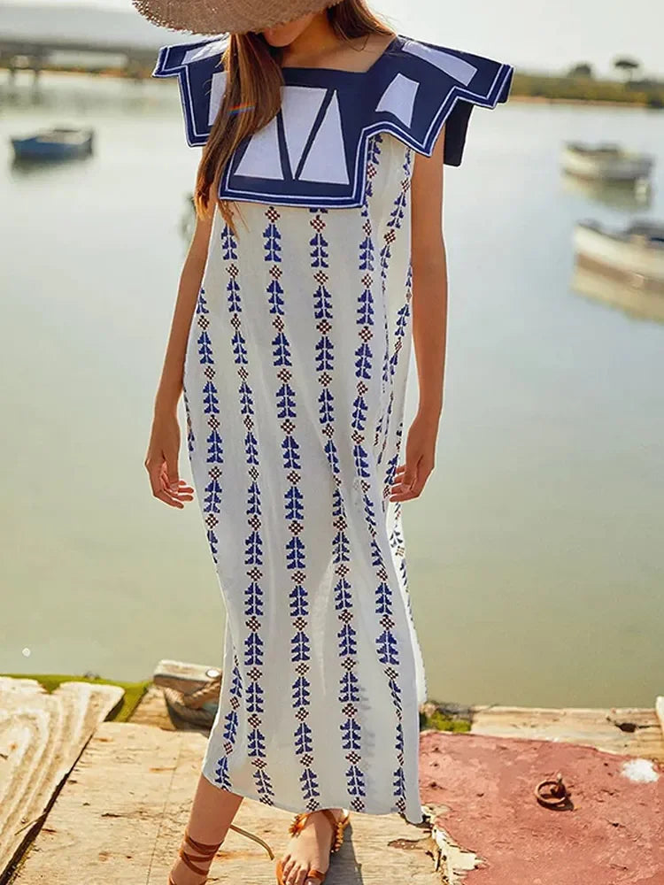 Fashion Lapel Flying Sleeve Print Dress Women Loose O Neck With Tassels Belt Midi Dresses Spring Elegant Female Party Vestidos