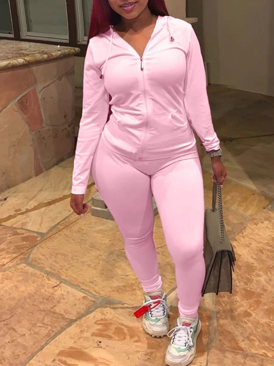 LW Plus Size Autumn Womens Kangaroo Long Sleeve Casual Tracksuit Set Hooded Collar Pocket Design Two Piece Pants Set Outifits Pink