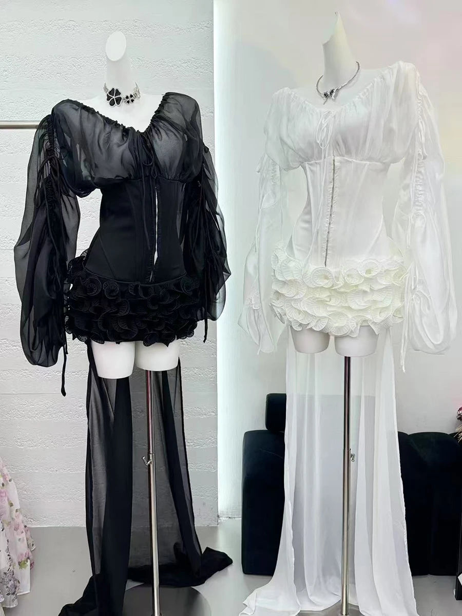 Solid Slimming Spliced Lace Up Mini Dresses for Women Slash Neck Long Sleeves Patchwork Fungus Folds Dress Female