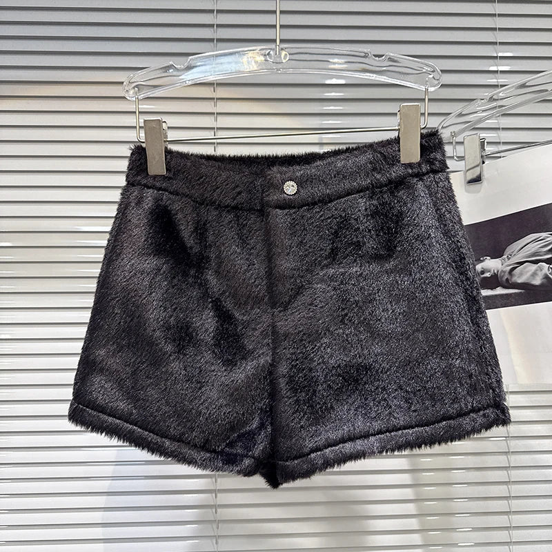 Winter New Elegant Fashion Rhinestone Buckle Faux Mink Fur Thickened Shorts For Women Solid Color Boot Pants 11A07520 Black